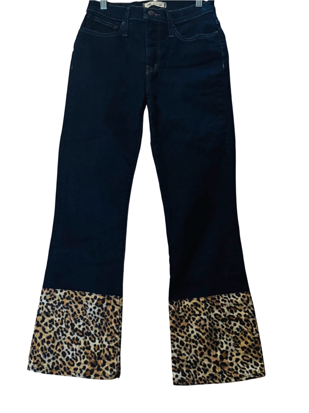 Madewell Dark Blue Women’s Jeans with Leopard Print Cuff, Sz 25. NWOT